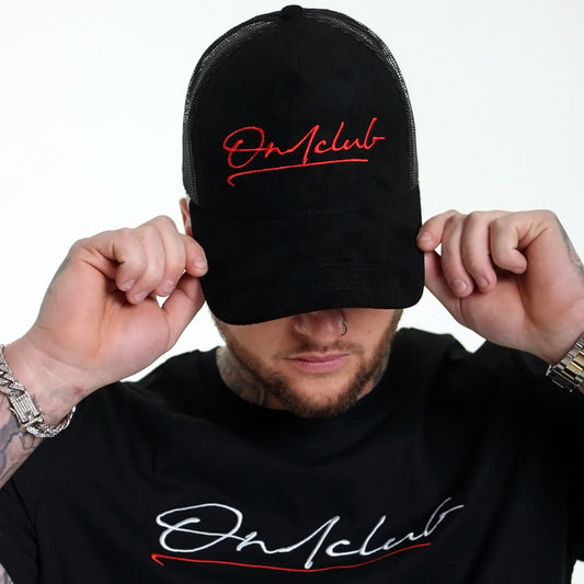 Red Signature Black Suede Trucker Cap