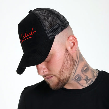 Red Signature Black Suede Trucker Cap